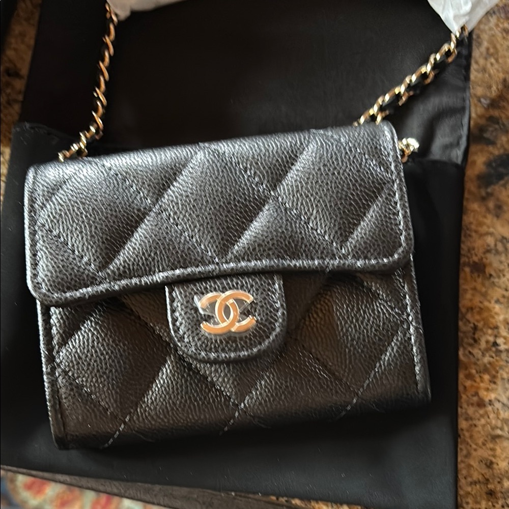 Chanel Black Quilted Leather Card Holder on Chain